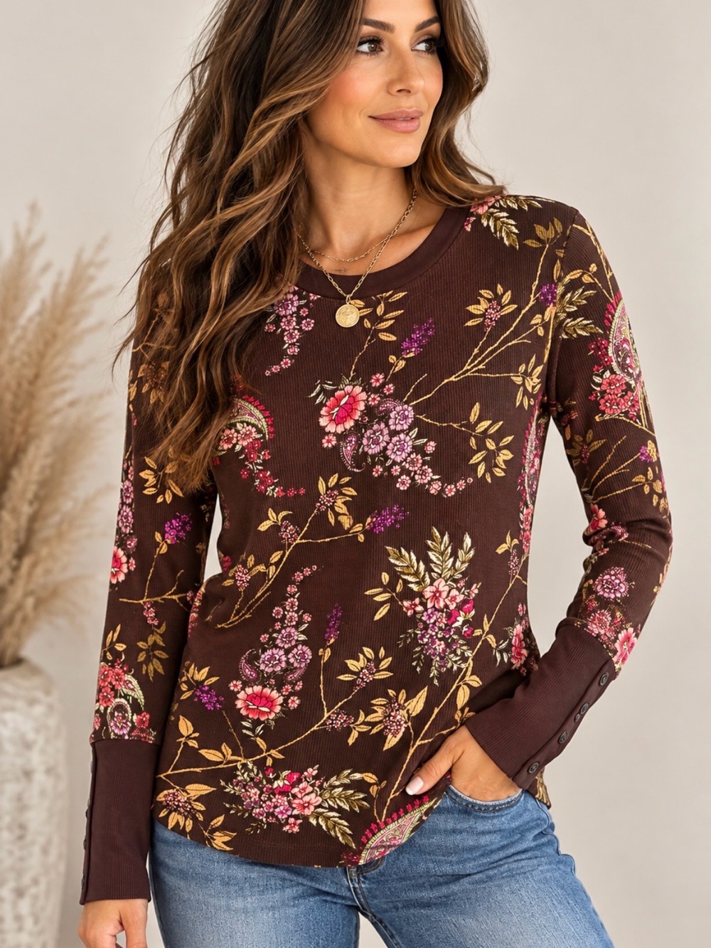 Sundance Brown Floral Long-Sleeve Crewneck Top